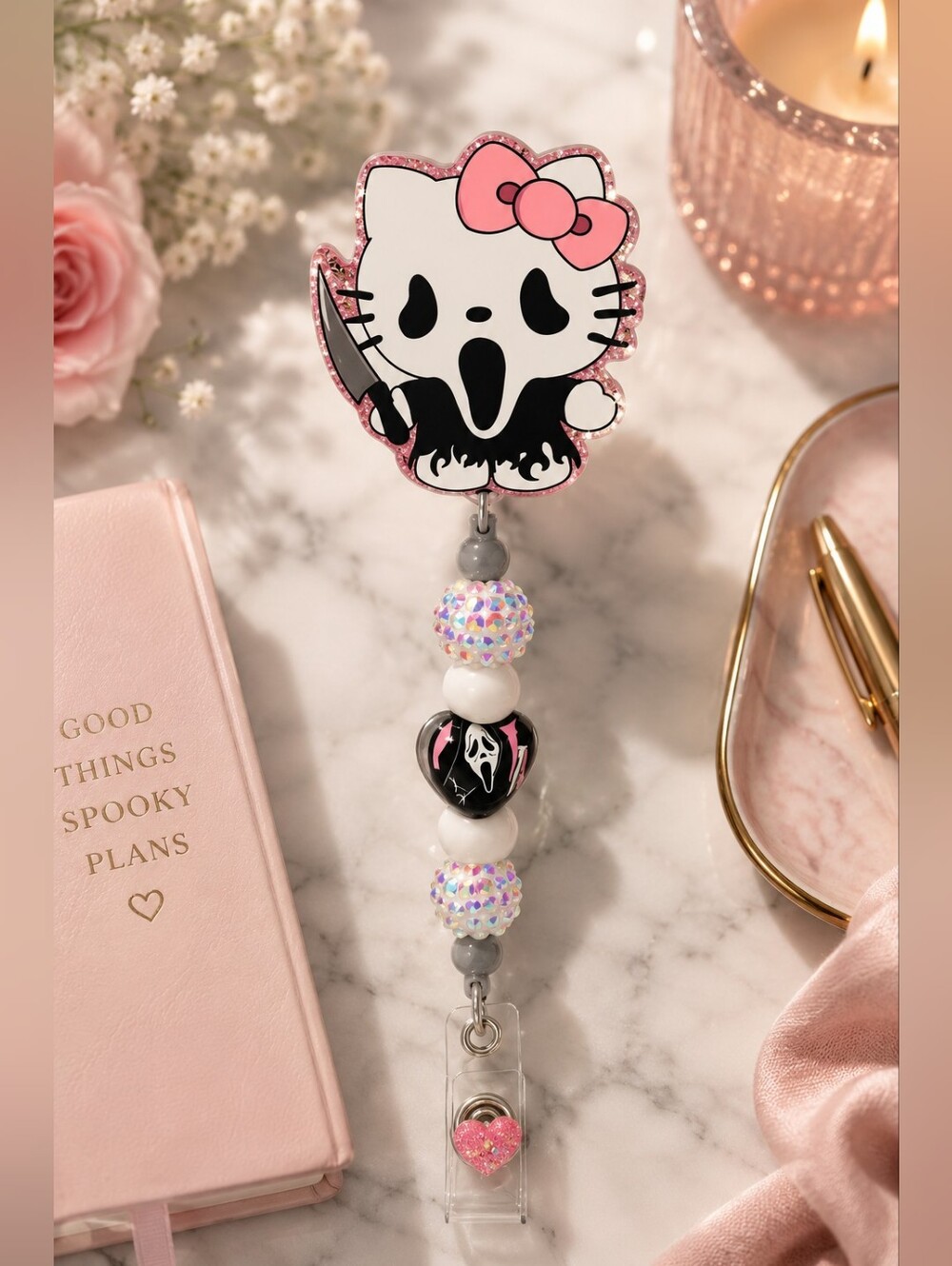 Pink & White Cute Spooky Kitty Beaded Badge Reel